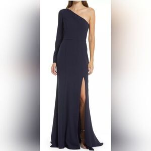 AMSALE One-Shoulder Crepe GOWN DRESS NWOT size 2 NAVY BLUE